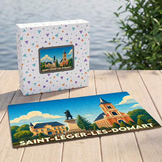 Puzzle souvenir de la ville de Saint-Léger-lès-Domart avec son illustration stylisée et sa boîte assortie.