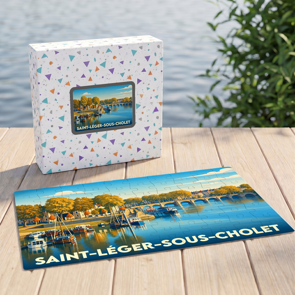 Puzzle souvenir de la ville de Saint-Léger-sous-Cholet avec une illustration stylisée d'un paysage fluvial.