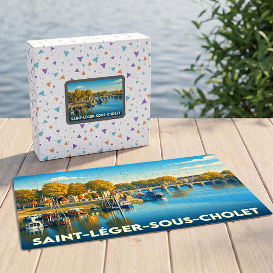 Puzzle souvenir de la ville de Saint-Léger-sous-Cholet avec une illustration stylisée d'un paysage fluvial.