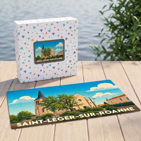 Puzzle souvenir de la ville de Saint-Léger-sur-Roanne avec son illustration stylisée et sa boîte assortie.