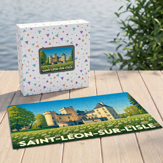 Puzzle souvenir de la ville de Saint-Léon-sur-l'Isle avec une illustration stylisée d'un château.