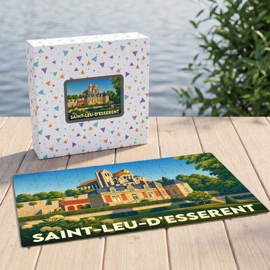 Puzzle souvenir de la ville de Saint-Leu-d'Esserent avec une illustration stylisée de son patrimoine architectural.