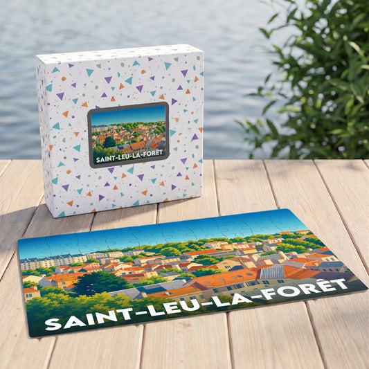 Puzzle souvenir de la ville de Saint-Leu-la-Forêt avec une illustration colorée de ses toits.