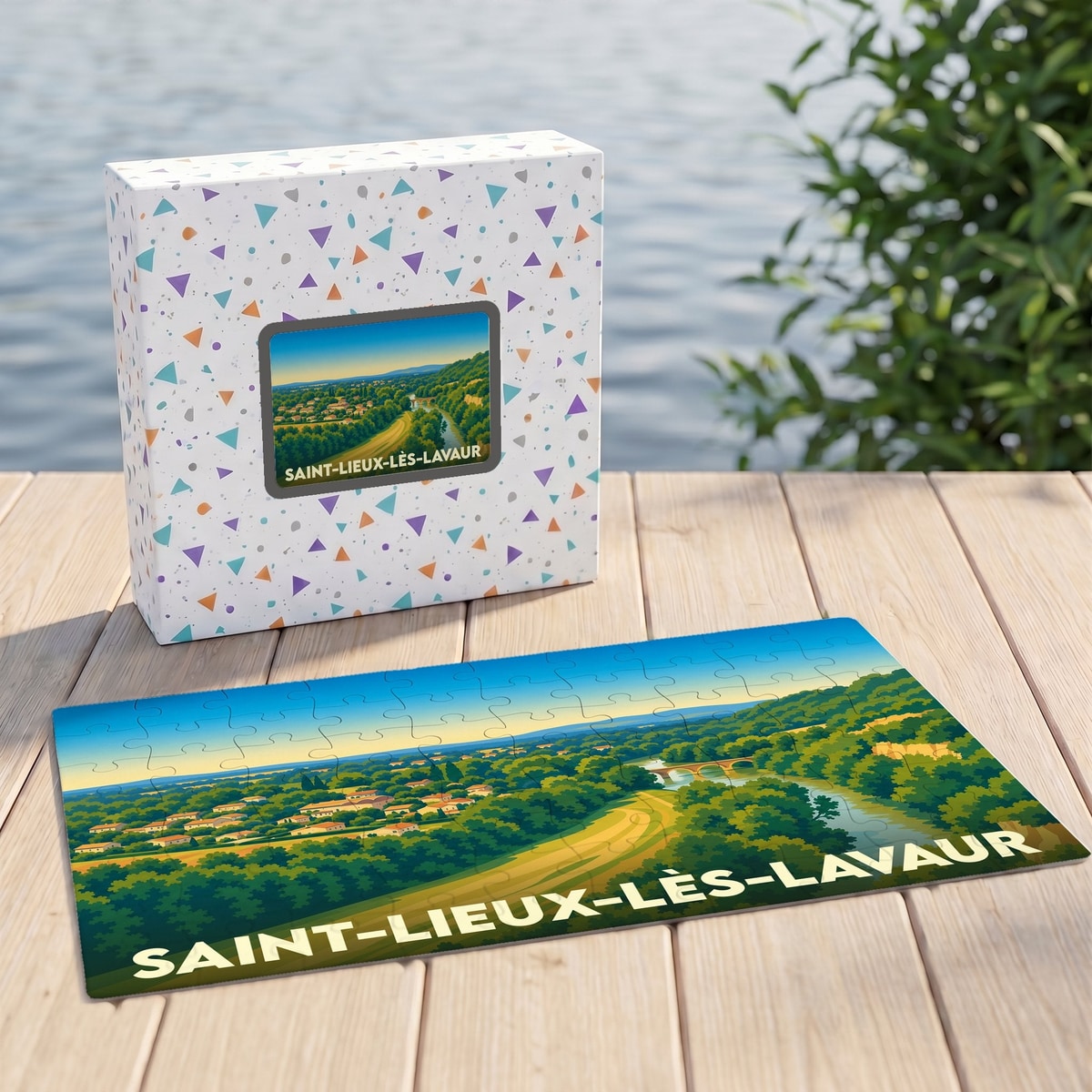 Puzzle souvenir de la ville de Saint-Lieux-lès-Lavaur avec une illustration de paysage panoramique.