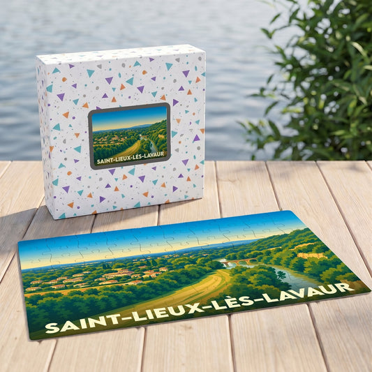 Puzzle souvenir de la ville de Saint-Lieux-lès-Lavaur avec une illustration de paysage panoramique.