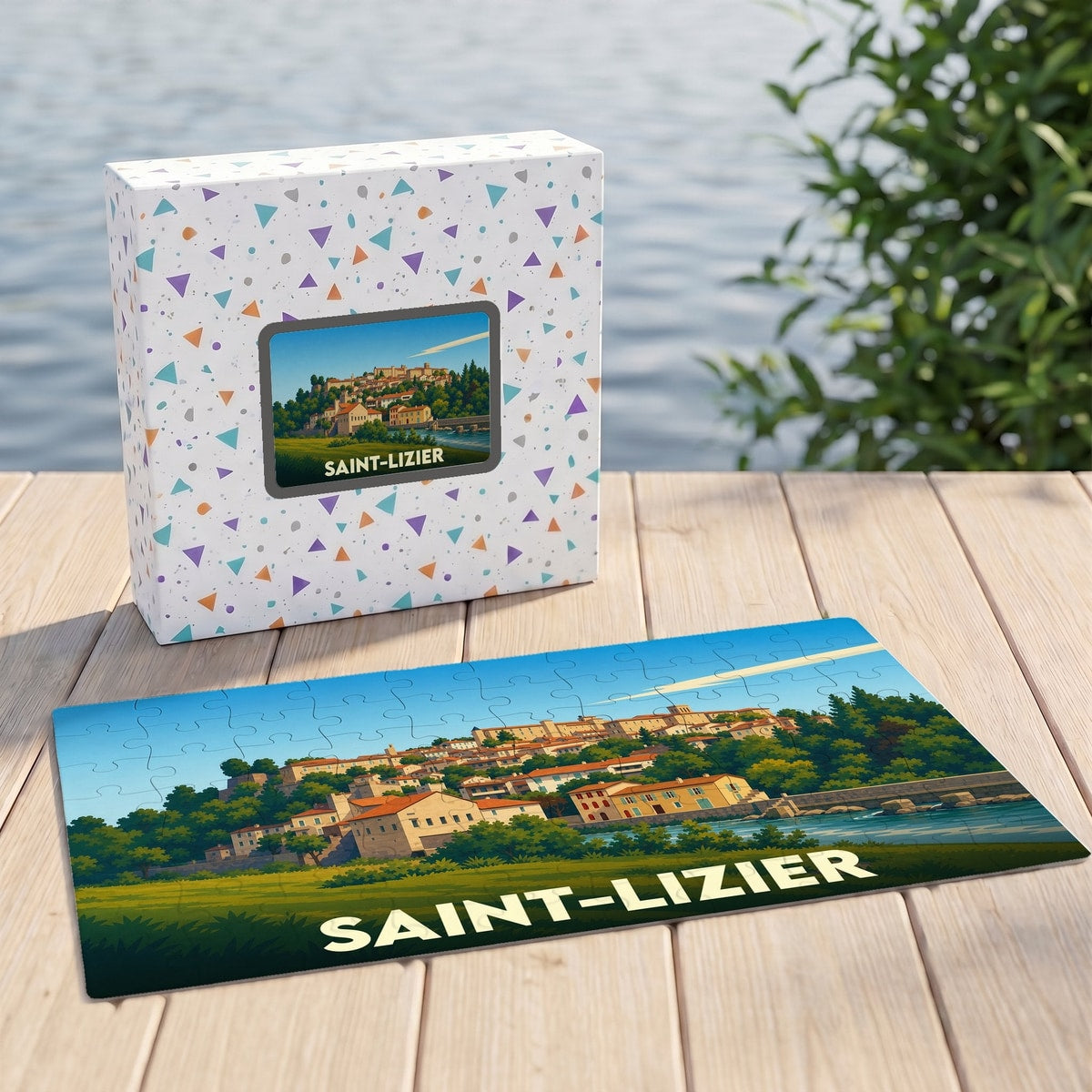 Puzzle souvenir de la ville de Saint-Lizier avec une illustration stylisée et colorée de son panorama.