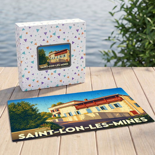 Puzzle souvenir de la ville de Saint-Lon-les-Mines avec une illustration stylisée d'une maison landaise.