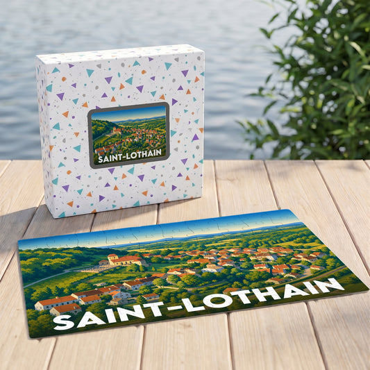 Puzzle souvenir de la ville de Saint-Lothain avec une illustration panoramique stylisée.
