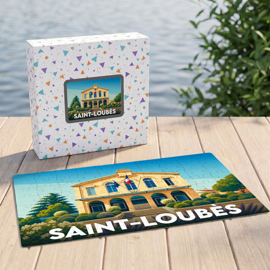 Puzzle souvenir de la ville de Saint-Loubès avec une illustration stylisée de sa mairie.