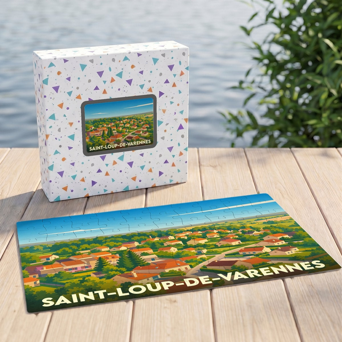 Puzzle souvenir de la ville de Saint-Loup-de-Varennes avec une illustration colorée et panoramique.