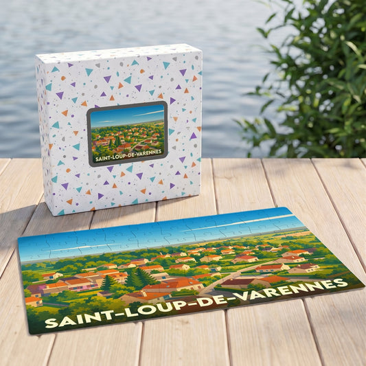 Puzzle souvenir de la ville de Saint-Loup-de-Varennes avec une illustration colorée et panoramique.