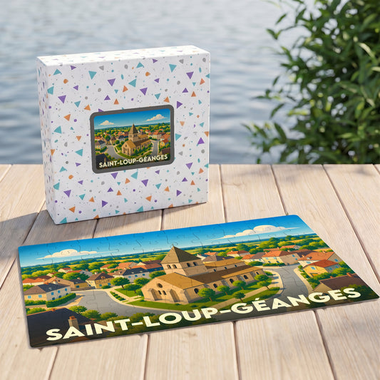 Puzzle souvenir de la ville de Saint-Loup-Géanges avec une illustration stylisée.
