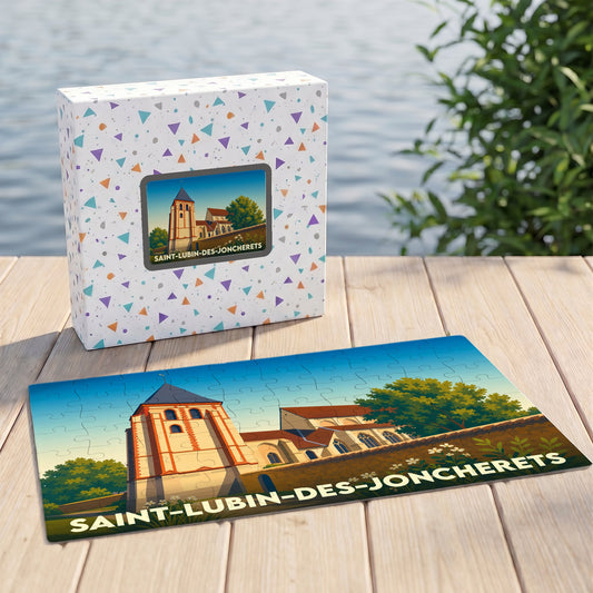 Puzzle souvenir de la ville de Saint-Lubin-des-Joncherets avec une illustration stylisée de son église.