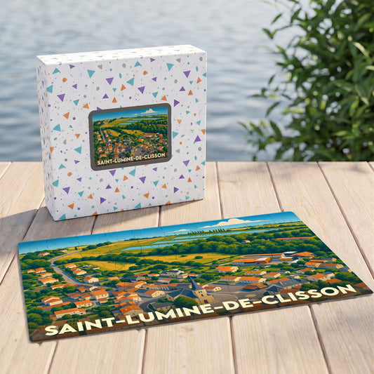 Puzzle souvenir de la ville de Saint-Lumine-de-Clisson avec une illustration stylisée vue du ciel.