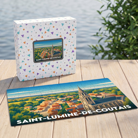 Puzzle souvenir de la ville de Saint-Lumine-de-Coutais avec une illustration stylisée de son église et de ses paysages.