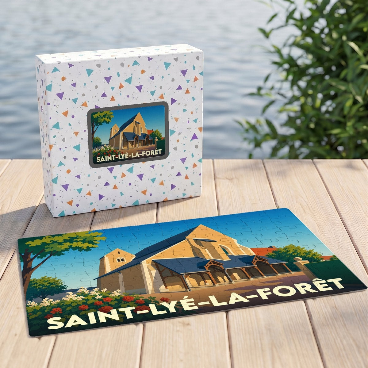 Puzzle souvenir de la ville de Saint-Lyé-la-Forêt avec une illustration stylisée de son église.