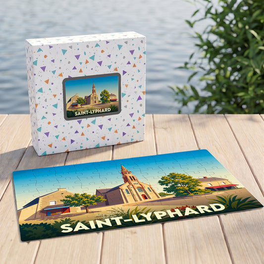 Puzzle souvenir de la ville de Saint-Lyphard avec une illustration stylisée de son église et de son paysage.