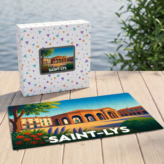 Puzzle souvenir de la ville de Saint-Lys avec une illustration stylisée et colorée.