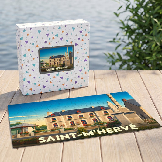 Puzzle souvenir de la commune de Saint-M'Hervé présentant une illustration stylisée de la mairie.