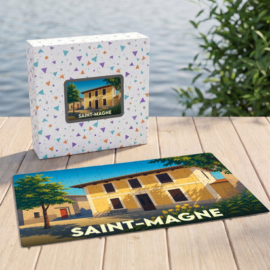 Puzzle souvenir de la ville de Saint-Magne avec une illustration stylisée d'une bâtisse ensoleillée.