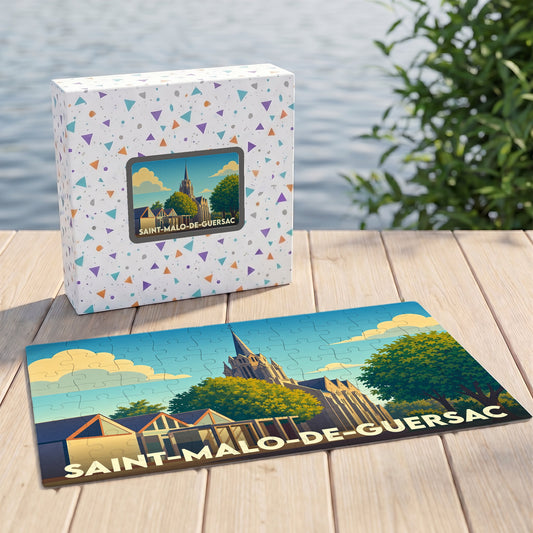 Puzzle souvenir de la ville de Saint-Malo-de-Guersac avec une illustration stylisée et sa boîte assortie.