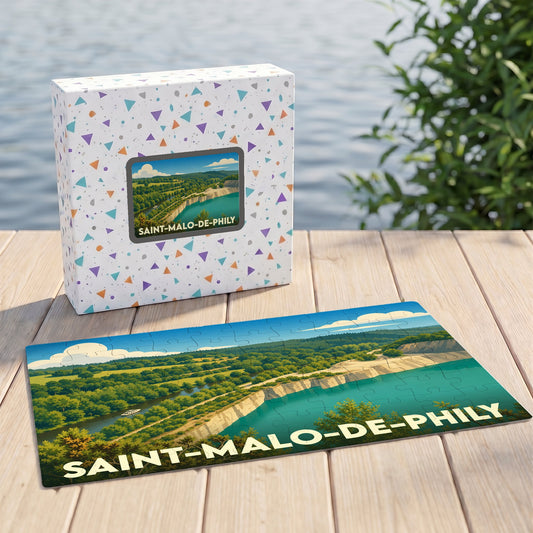Puzzle souvenir de la ville de Saint-Malo-de-Phily avec une illustration stylisée de son paysage naturel.