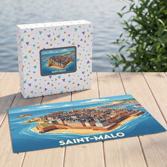 Puzzle souvenir de la ville de Saint-Malo avec une illustration stylisée.