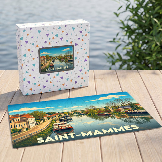 Puzzle souvenir de la ville de Saint-Mammès avec une illustration stylisée d'un bord de rivière.