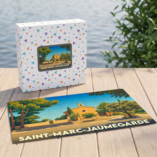 Puzzle souvenir de la ville de Saint-Marc-Jaumegarde avec son coffret illustré.