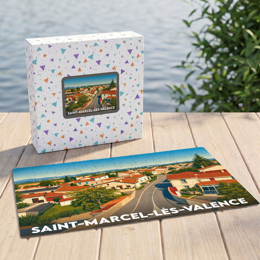 Puzzle souvenir de la ville de Saint-Marcel-lès-Valence avec une illustration stylisée d'un paysage urbain.