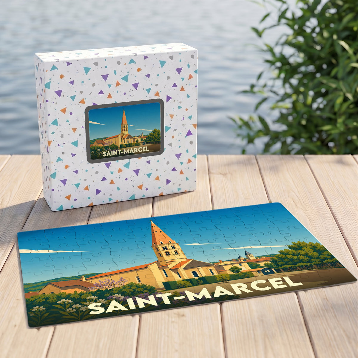 Puzzle souvenir de la ville de Saint-Marcel avec une illustration stylisée et colorée.