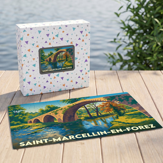 Puzzle souvenir de la ville de Saint-Marcellin-en-Forez avec une illustration stylisée d'un pont en pierre.