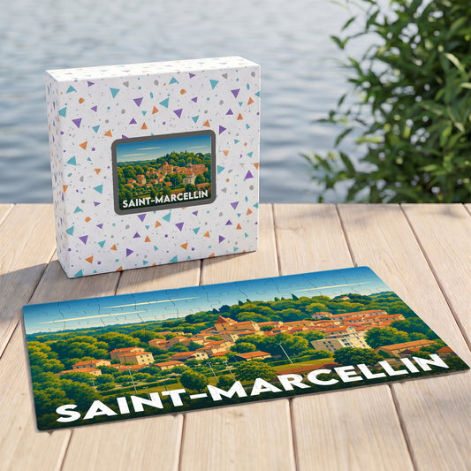 Puzzle souvenir de la ville de Saint-Marcellin avec une illustration stylisée d'un paysage urbain verdoyant.