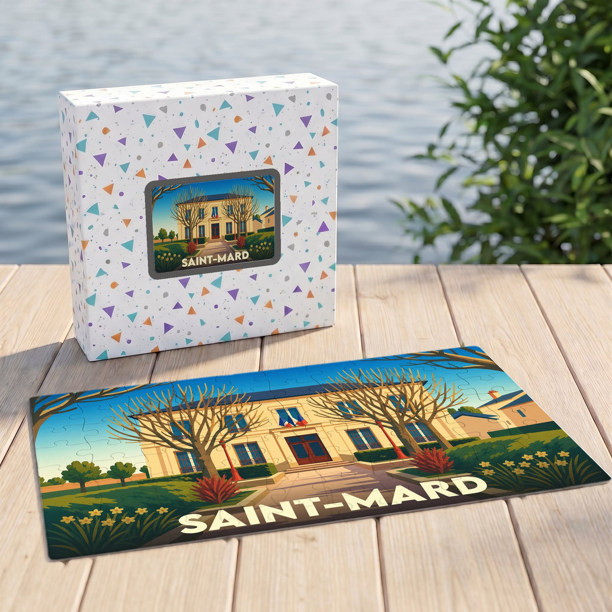 Puzzle souvenir de la ville de Saint-Mard avec une illustration stylisée.