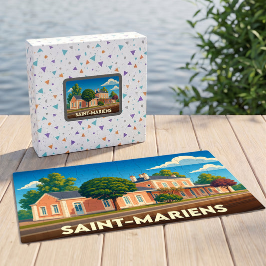 Puzzle souvenir de la ville de Saint-Mariens avec une illustration stylisée d'un bâtiment historique.
