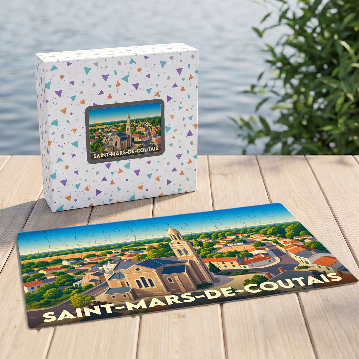 Puzzle souvenir de la ville de Saint-Mars-de-Coutais avec une illustration stylisée.