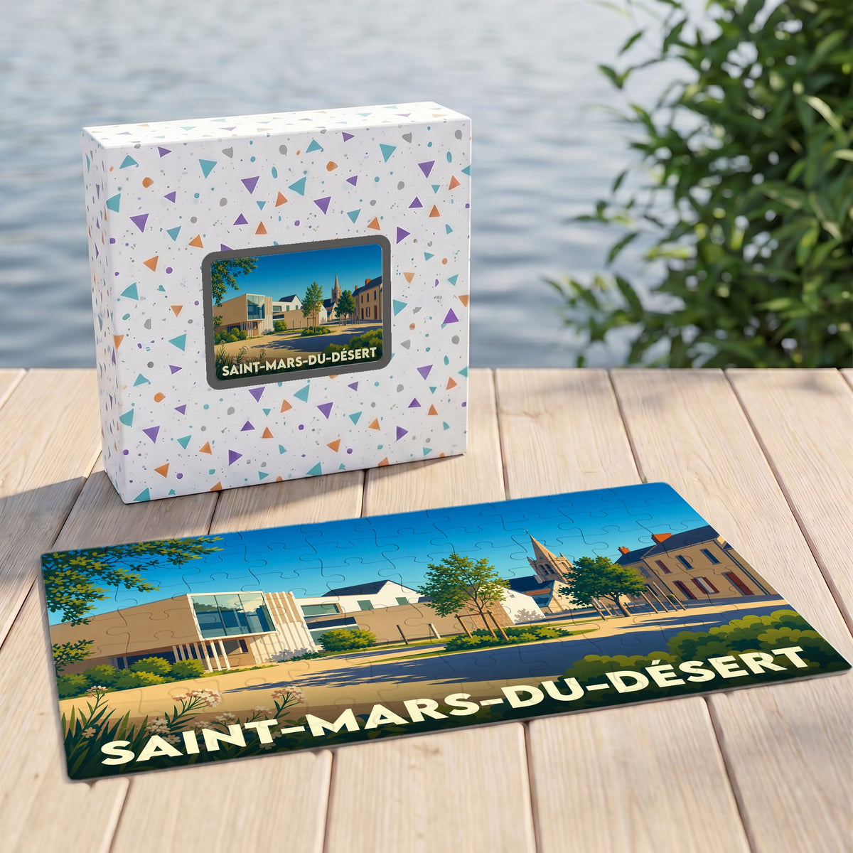 Puzzle souvenir de la ville de Saint-Mars-du-Désert avec une illustration colorée et son coffret assorti.