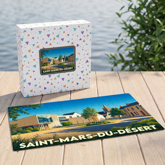 Puzzle souvenir de la ville de Saint-Mars-du-Désert avec une illustration colorée et son coffret assorti.