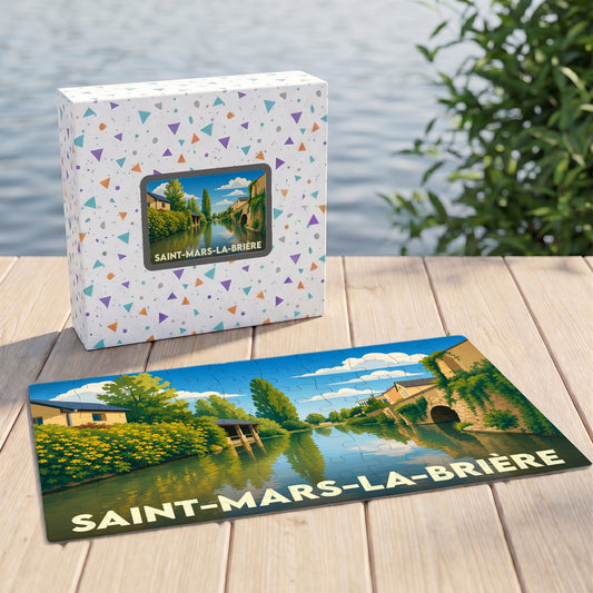 Puzzle souvenir de la ville de Saint-Mars-la-Brière avec une illustration stylisée d'un paysage fluvial.