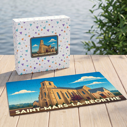Puzzle souvenir de la ville de Saint-Mars-la-Réorthe avec une illustration stylisée de son église.