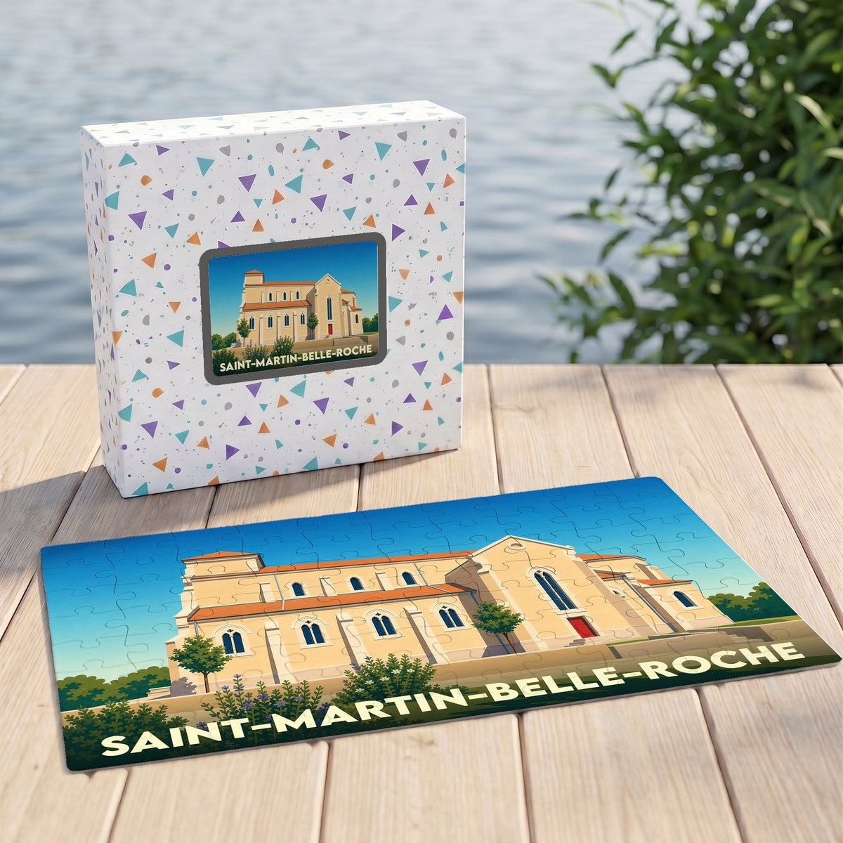 Puzzle souvenir de la ville de Saint-Martin-Belle-Roche avec une illustration stylisée de son église.