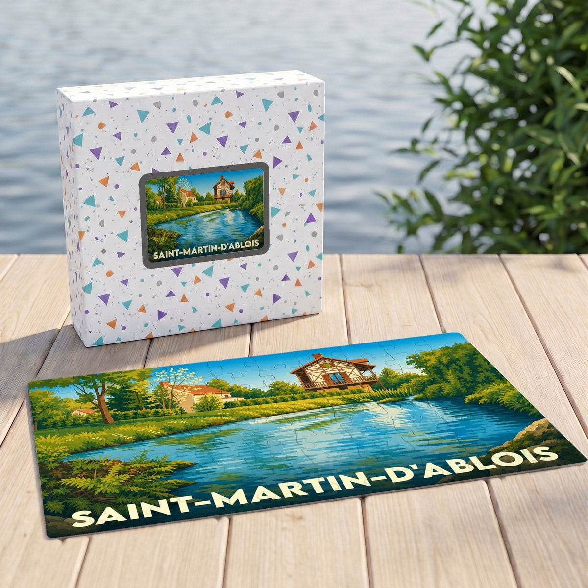 Puzzle souvenir de la ville de Saint-Martin-d'Ablois représentant un paysage bucolique avec sa boîte assortie.
