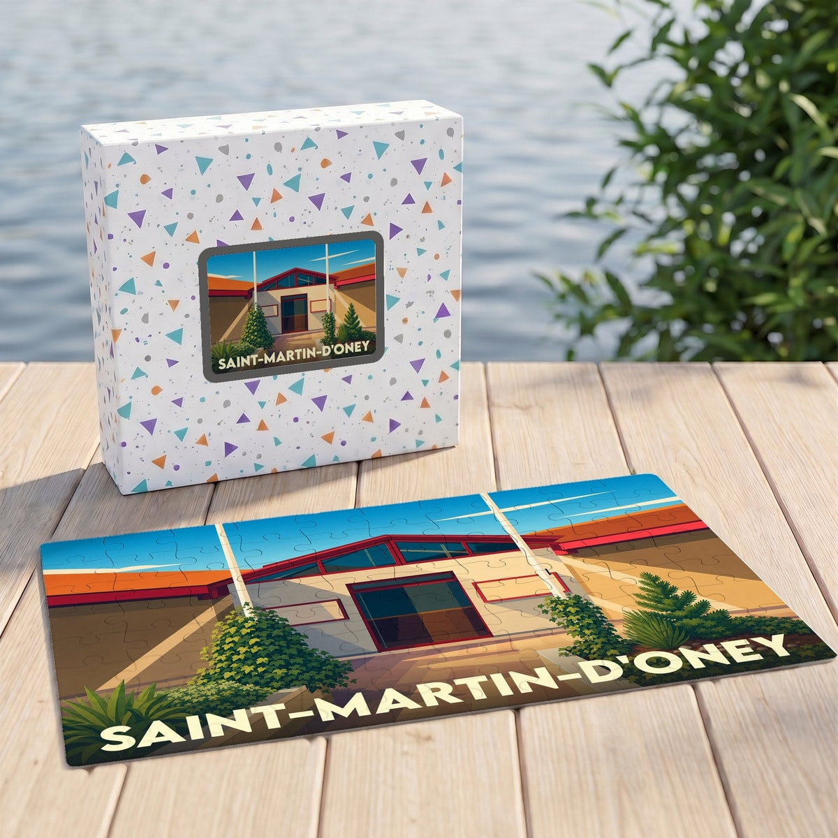 Puzzle souvenir de la ville de Saint-Martin-d'Oney avec une illustration stylisée et colorée.