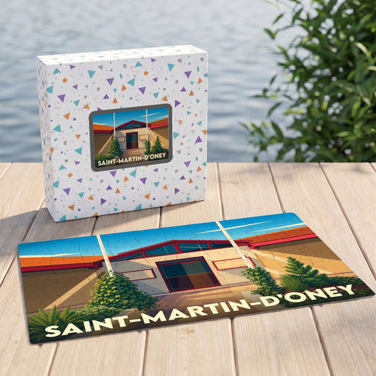 Puzzle souvenir de la ville de Saint-Martin-d'Oney avec une illustration stylisée et colorée.