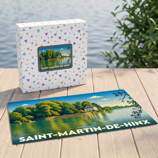 Puzzle souvenir de la ville de Saint-Martin-de-Hinx représentant un paysage de bord d'eau illustré.