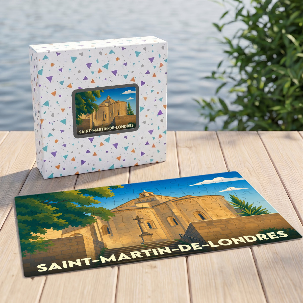 Puzzle souvenir de la ville de Saint-Martin-de-Londres représentant son église romane dans un style illustration rétro.