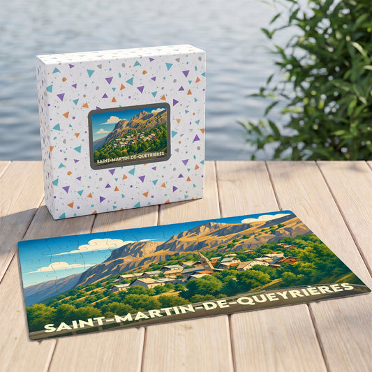 Puzzle souvenir de la ville de Saint-Martin-de-Queyrières avec une illustration de paysage montagneux.