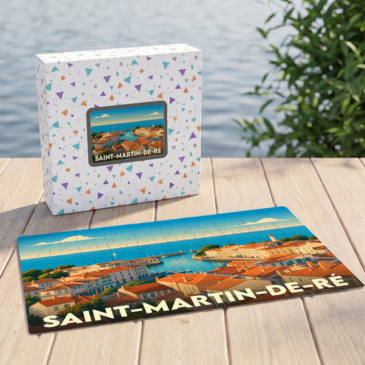 Puzzle souvenir de Saint-Martin-de-Ré avec une illustration stylisée du port et de ses toits en briques.
