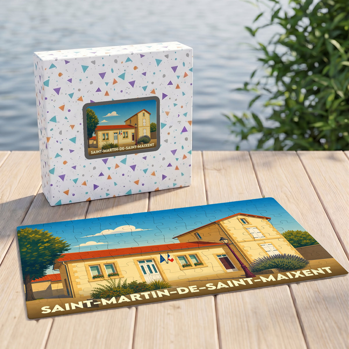 Puzzle souvenir de la ville de Saint-Martin-de-Saint-Maixent avec une illustration stylisée de la mairie.