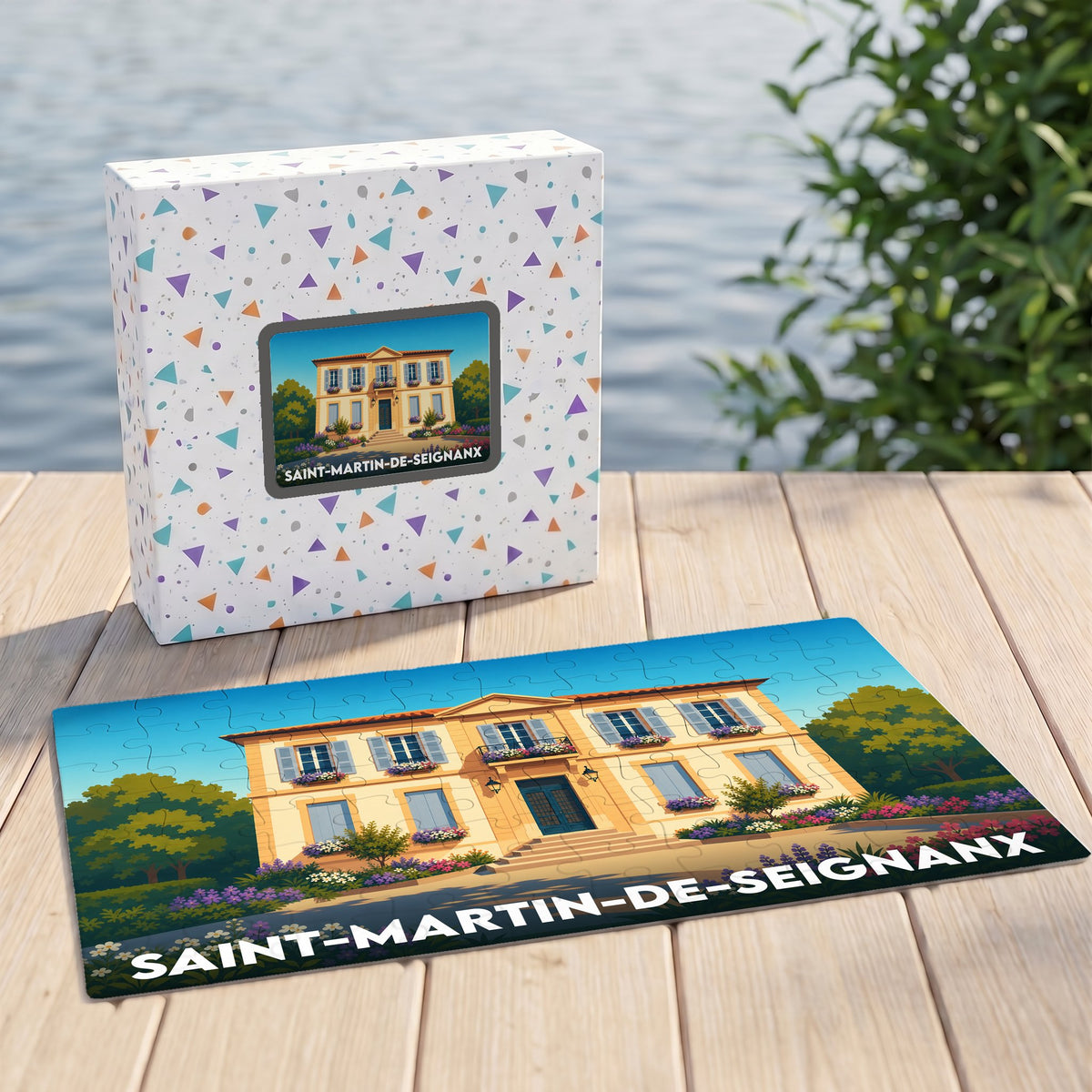 Puzzle souvenir de la ville de Saint-Martin-de-Seignanx avec une illustration stylisée d'une bastide landaise.